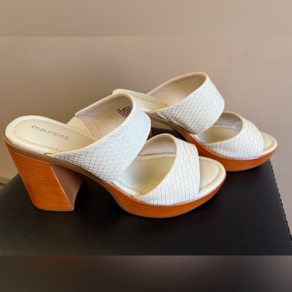 Maurices Brittany White Textured Wood Block Heeled Sandals